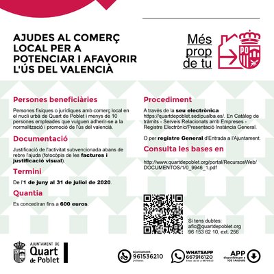 Ayudas al Comercio Local de Quart de Poblet para potenciar y favorecer el uso del valenciano en 2020