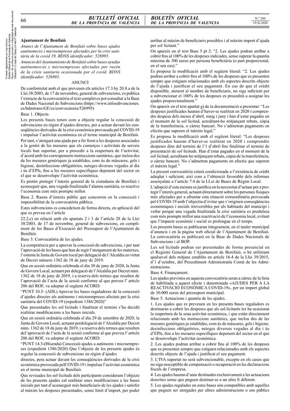 Bases Convocatoria Ayudas Benifaió